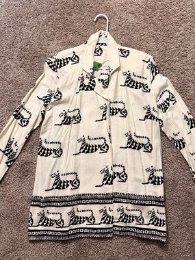 FARM Rio Cream and Black Printed Button-Up Sweater